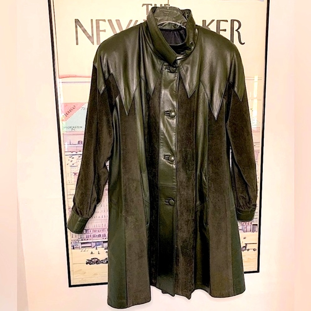 Vintage 90’s leather & suede olive green swing coat in chevron pattern size M